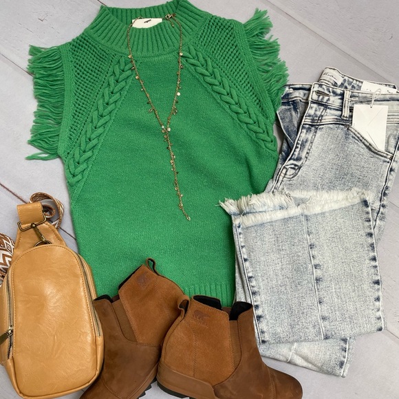 Green cable knit fringe short sleeve sweater - Picture 5 of 8